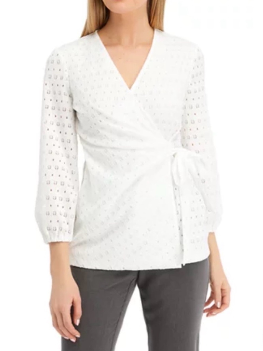 Anne Klein White Eyelet Wrap Blouse with Tie Waist